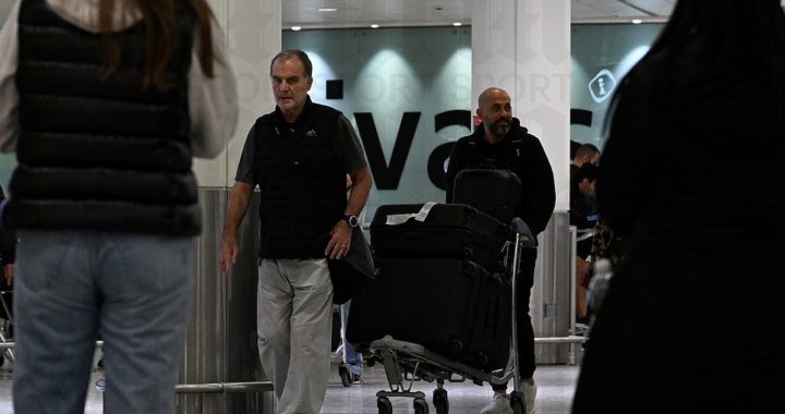 Marcelo Bielsa pictured arriving at Heathrow ahead of Everton talks